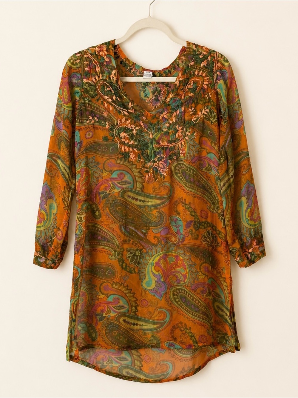 Raj 100% Silk Embroidered Paisley Boho‎ Tunic  Sheer Top Orange Size S